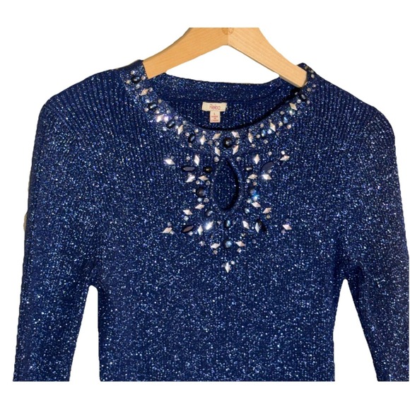 Reba Sweater Women's L Glitter Holiday Blue Party Metallic Ribbed Jewel Swiftie - Picture 2 of 9